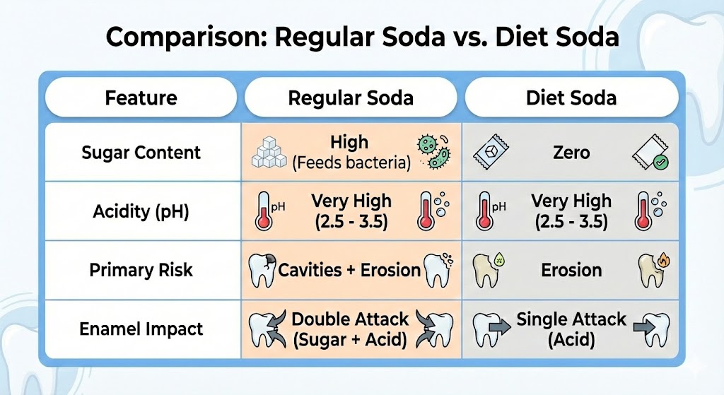 table comparing regular soda vs diet soda