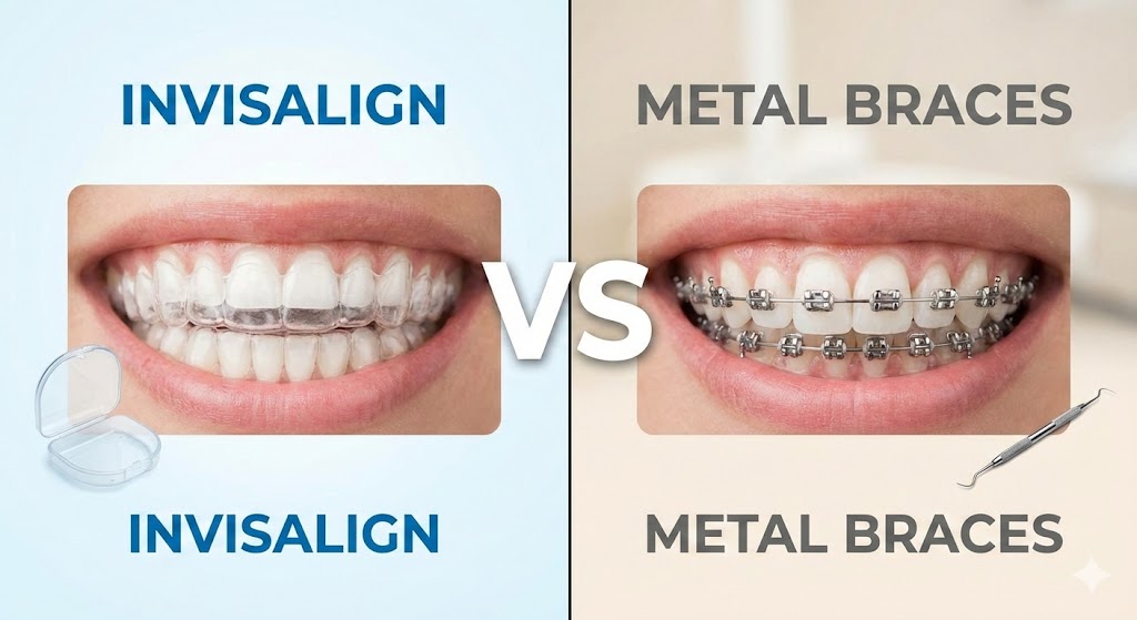 Image comparing Invisalign vs metal braces